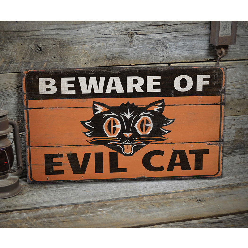 Beware of Evil Cat Rustic Wood Sign