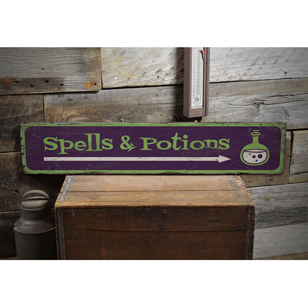 Spells and Potions Arrow Rustic Wood Sign