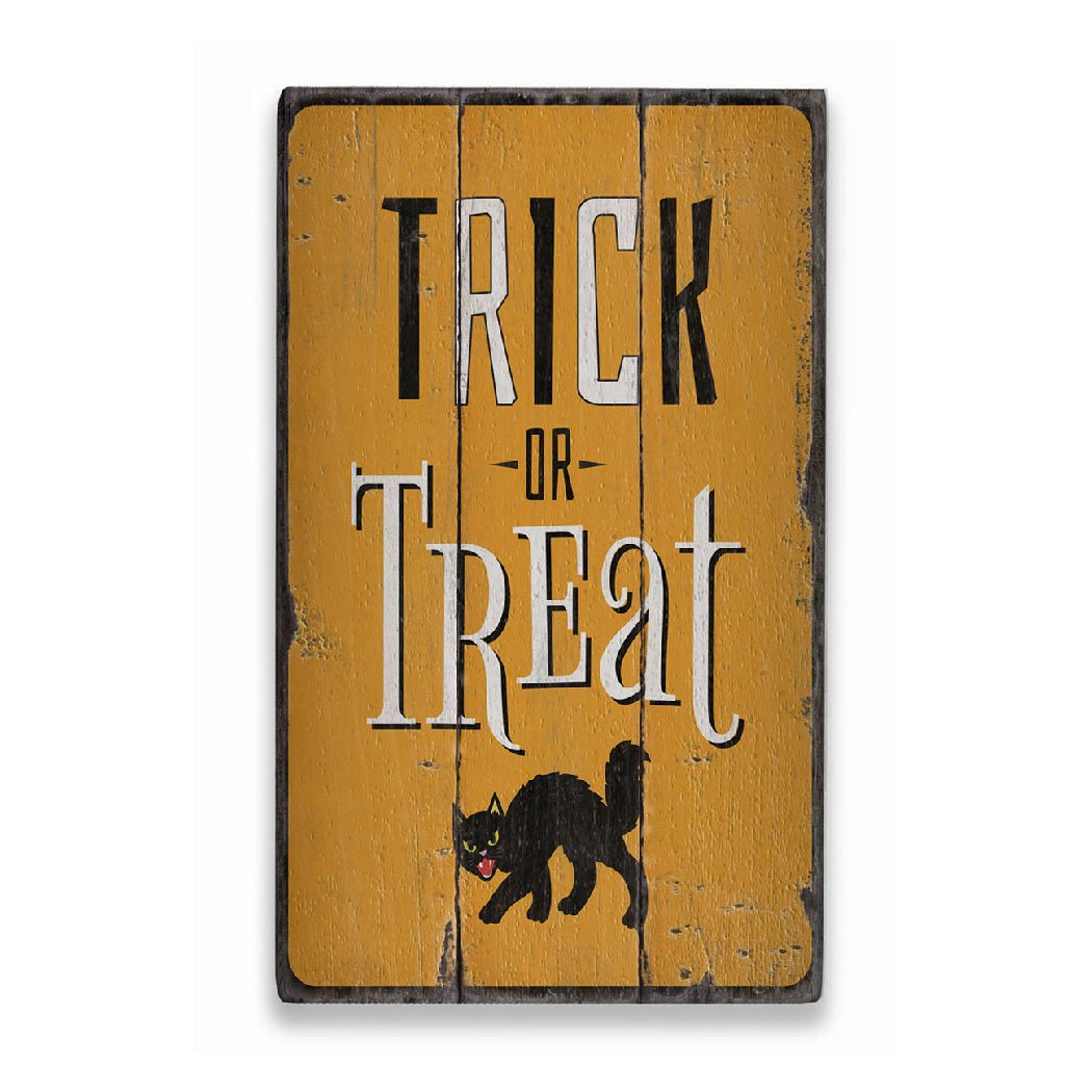 Trick or Treat Black Cat Rustic Wood Sign