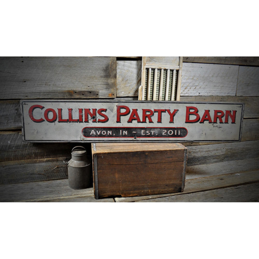 Party Barn Est. Date Rustic Wood Sign