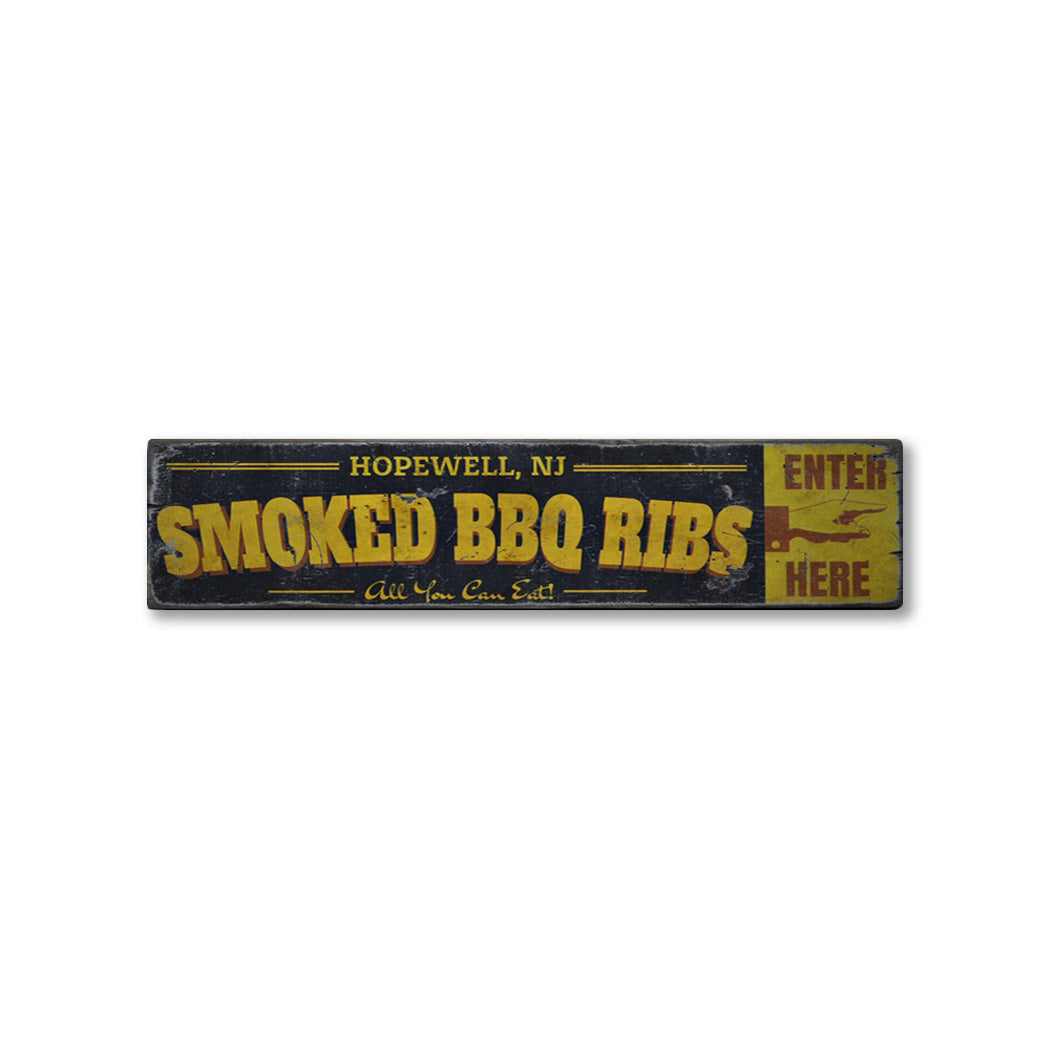 City Smoked BBQ Ribs Rustic Wood Sign