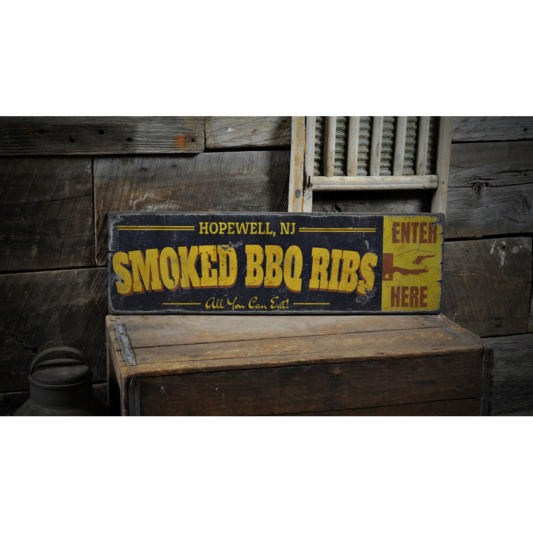 City Smoked BBQ Ribs Rustic Wood Sign