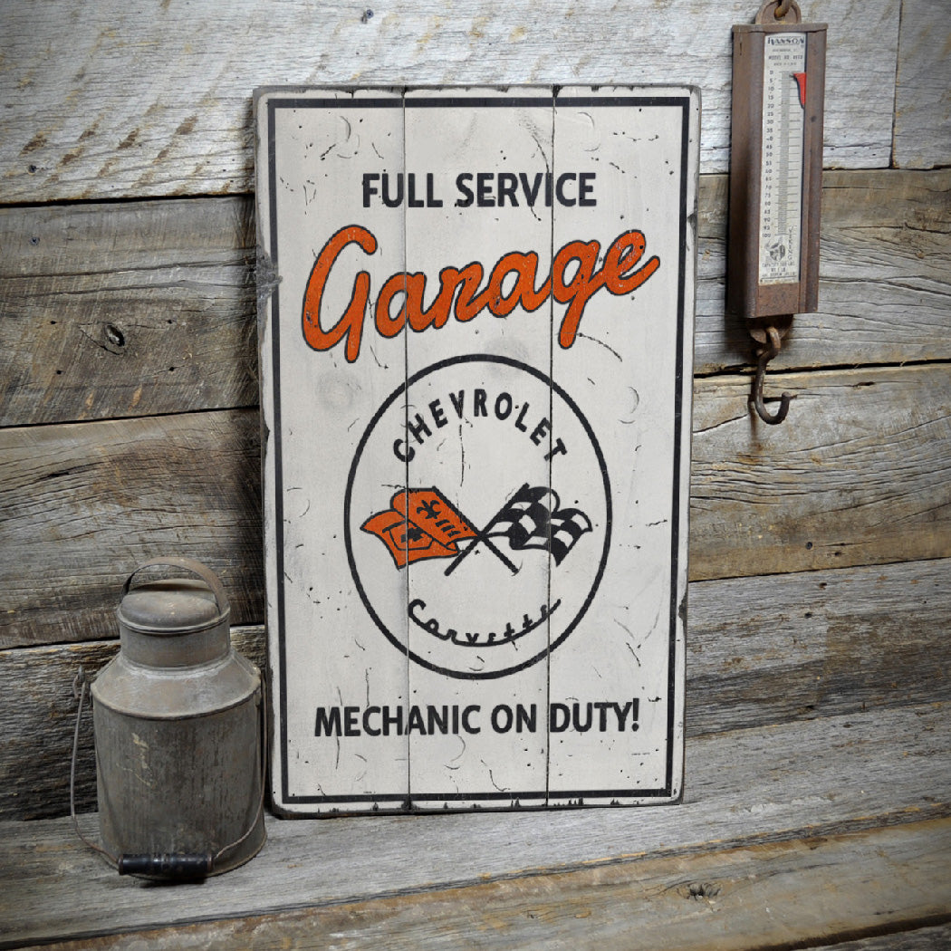 Full Service Corvette Garage Rustic Wood Sign