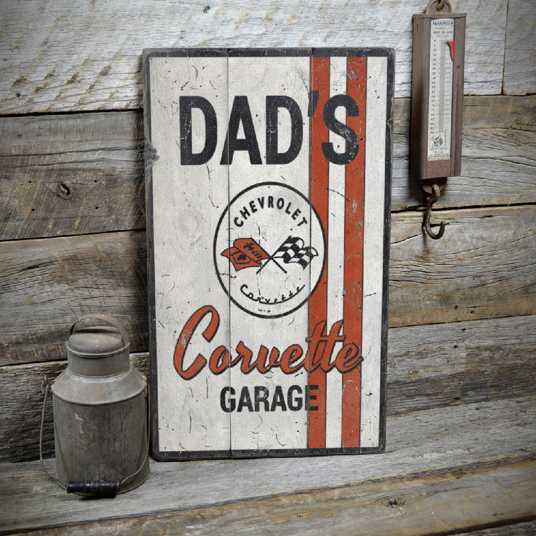 Dads Chevy Corvette Garage Rustic Wood Sign