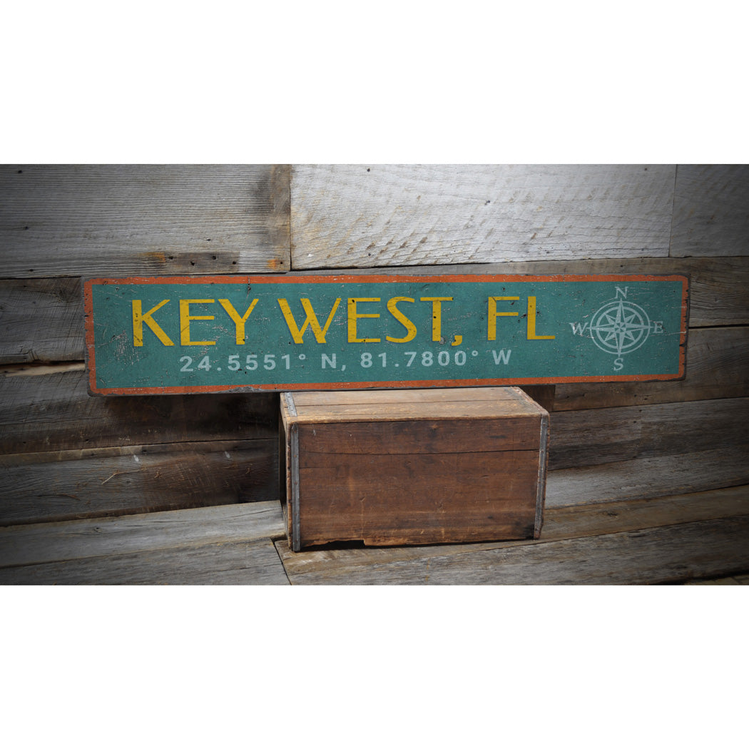 Key West Coordinates Rustic Wood Sign