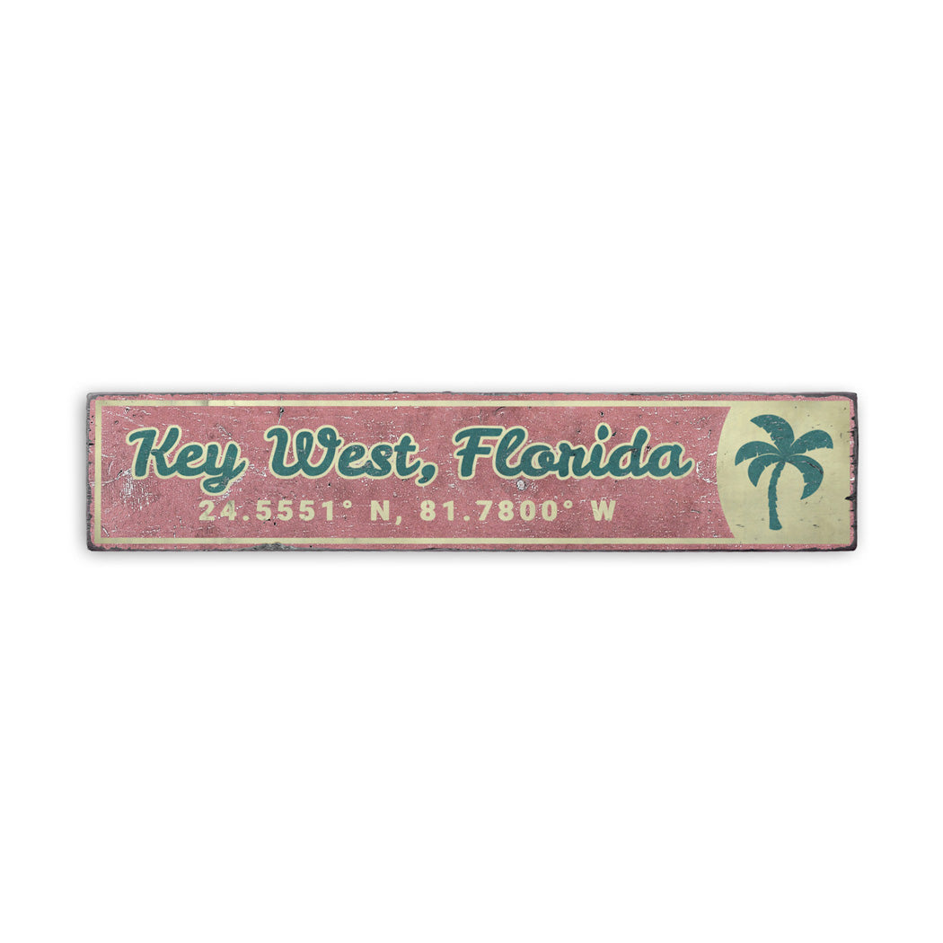 Key West Latitude Longitude Rustic Wood Sign