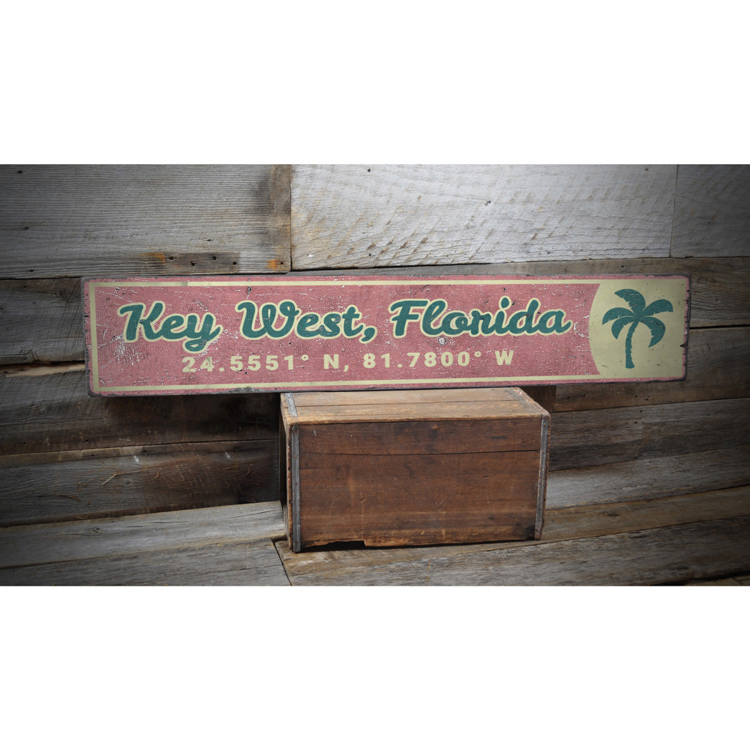 Key West Latitude Longitude Rustic Wood Sign