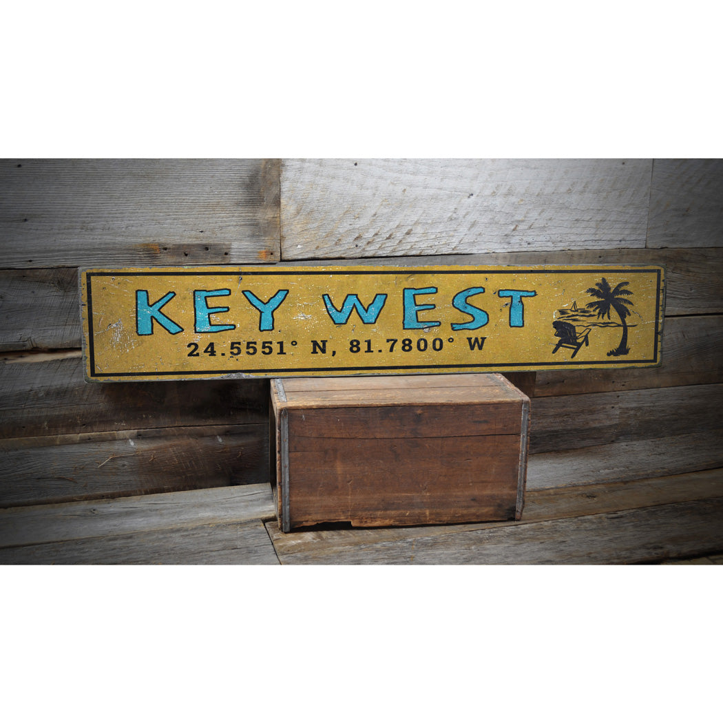 Coordinates Key West Florida Rustic Wood Sign