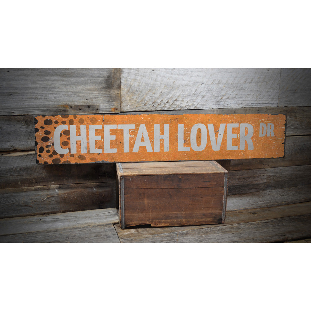 Cheetah Lover Street Rustic Wood Sign