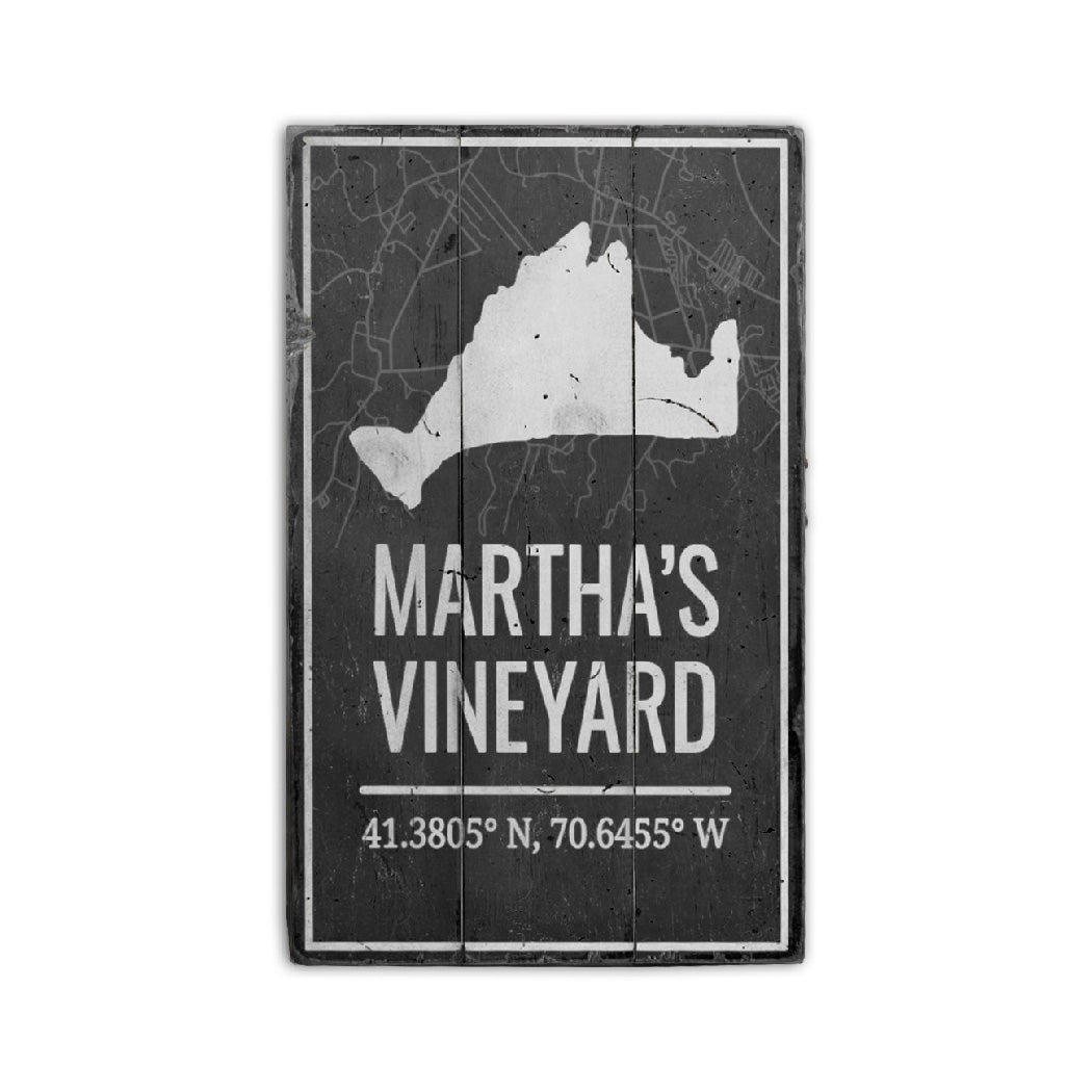 Marthas Vineyard Coordinates Rustic Wood Sign