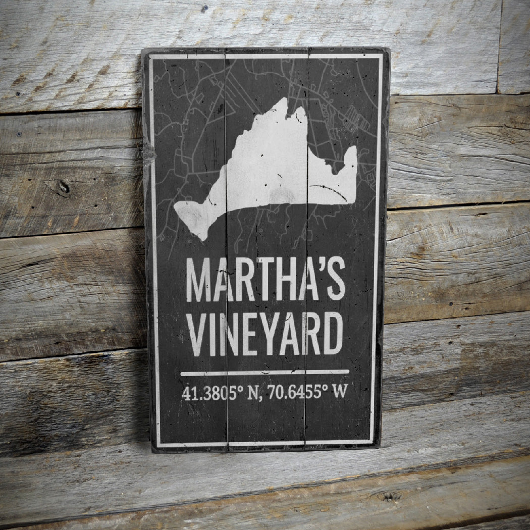 Marthas Vineyard Coordinates Rustic Wood Sign