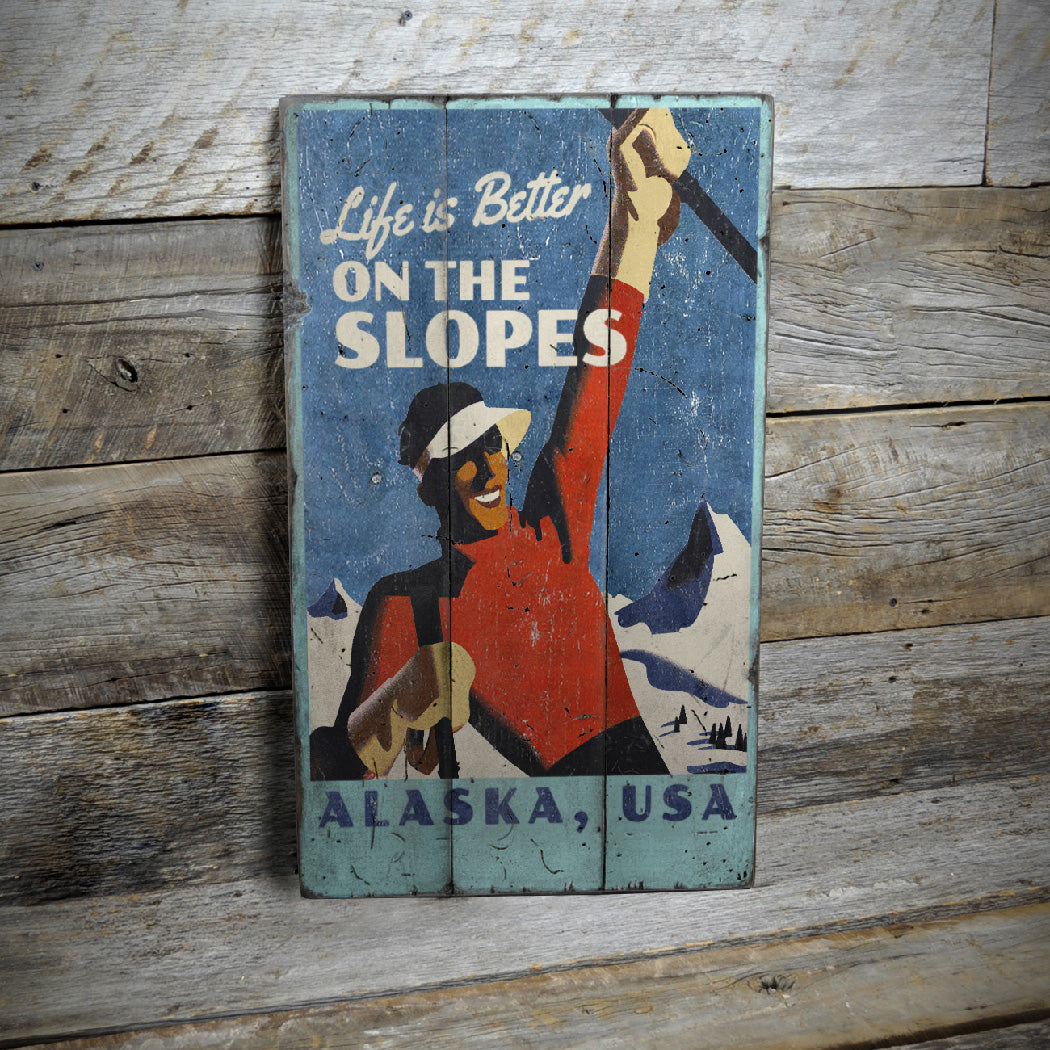 Ski Slopes Rustic Wood Sign