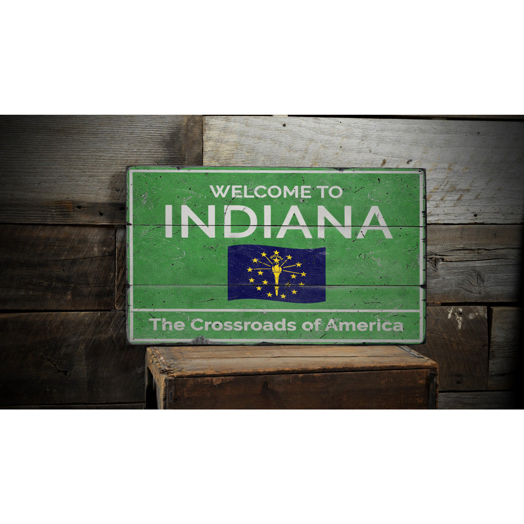 Indiana Welcome Rustic Wood Sign