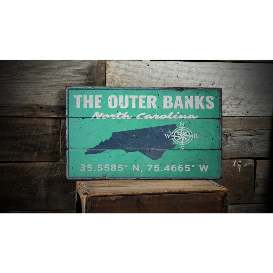 Outer Banks Coordinates Rustic Wood Sign