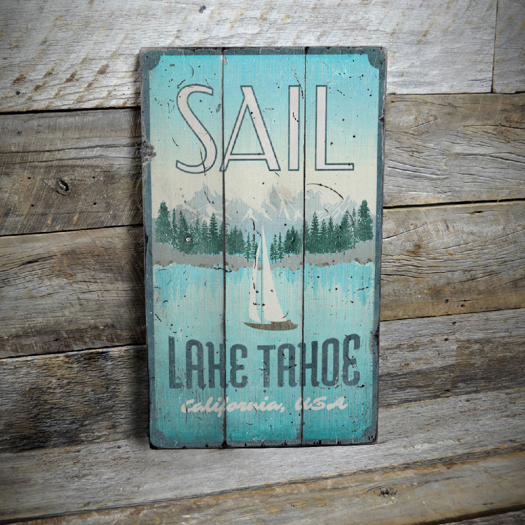 Sail Lake Tahoe Rustic Wood Sign