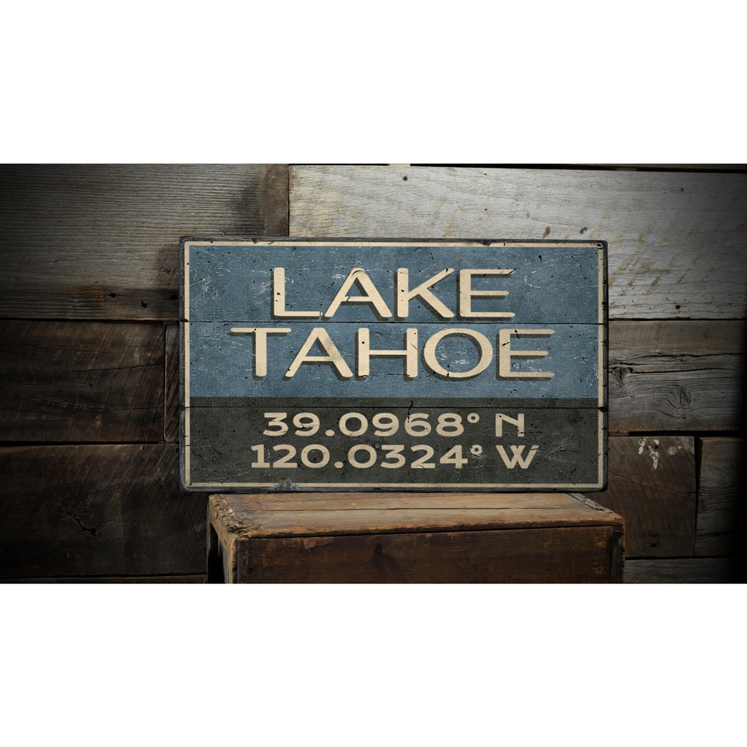 Lake Tahoe Coordinates Rustic Wood Sign