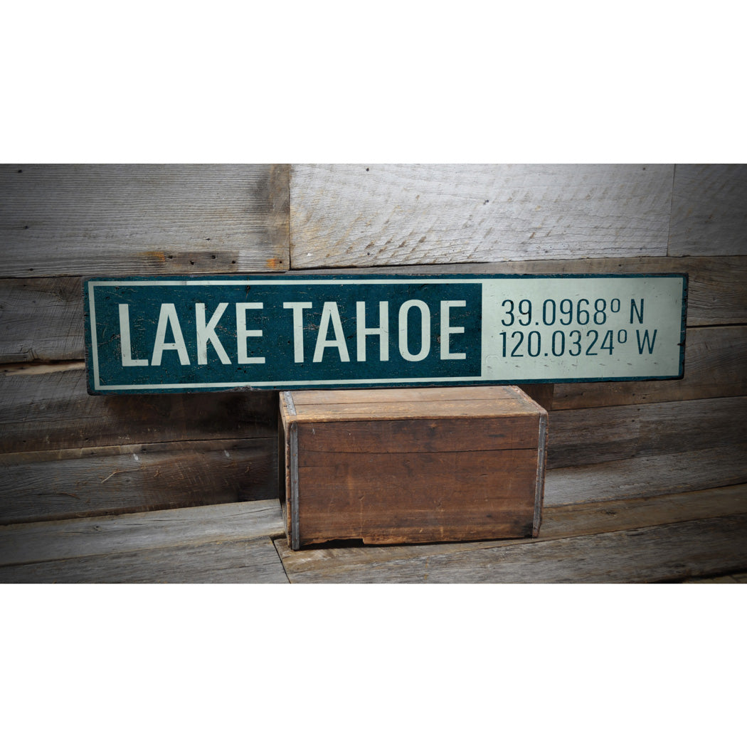 Lake Tahoe Latitude Longitude Rustic Wood Sign