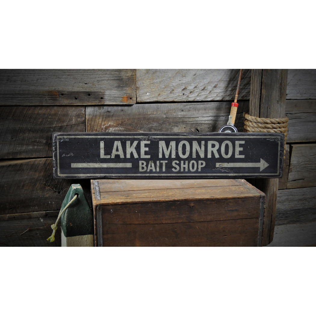 Lake Bait Shop Arrow Rustic Wood Sign