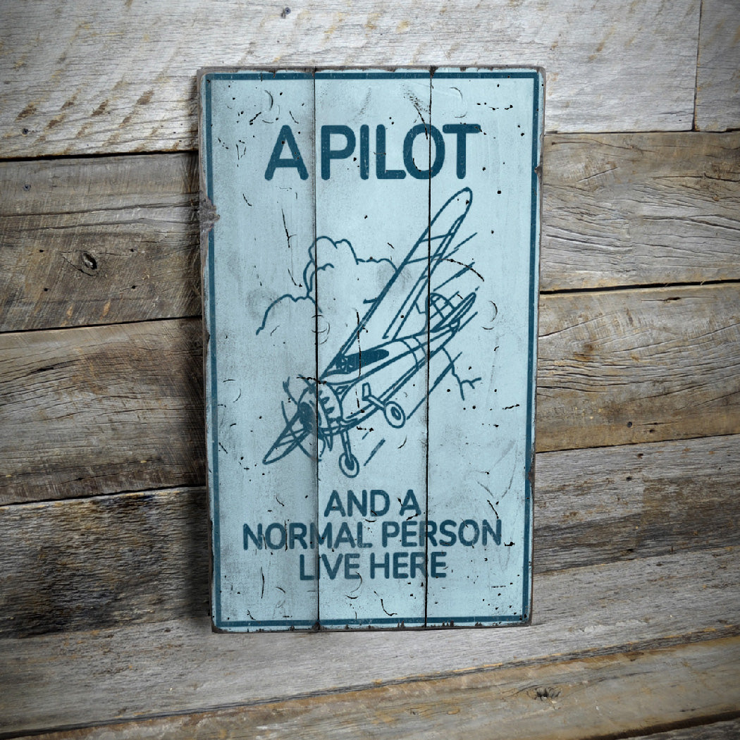 A Pilot Lives Here Aviation Rustic Wood Sign