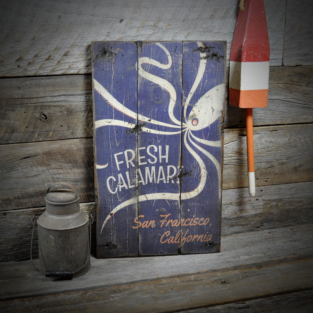 Fresh Calamari City and State Rustic Wood Sign