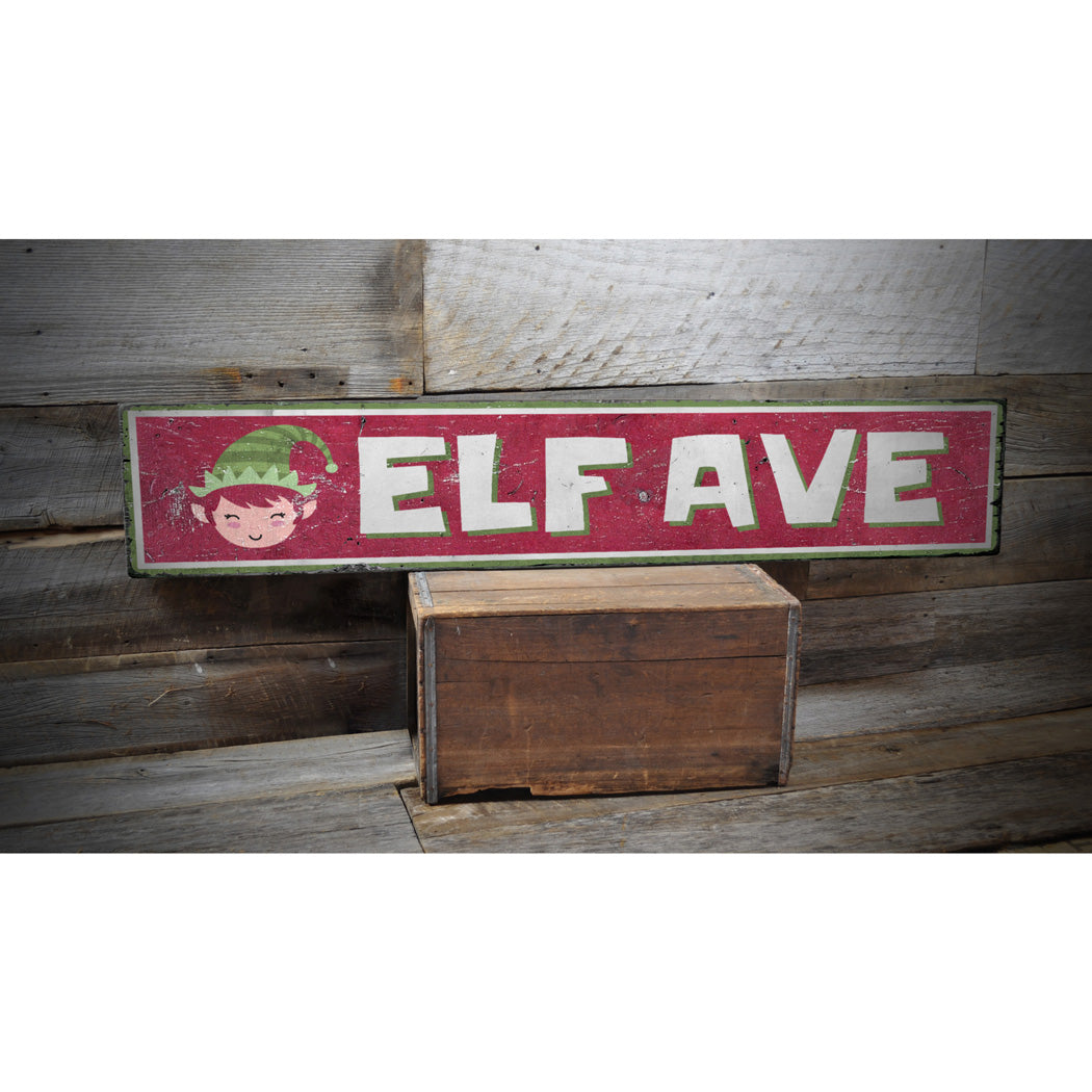 Elf Avenue Holiday Rustic Wood Sign