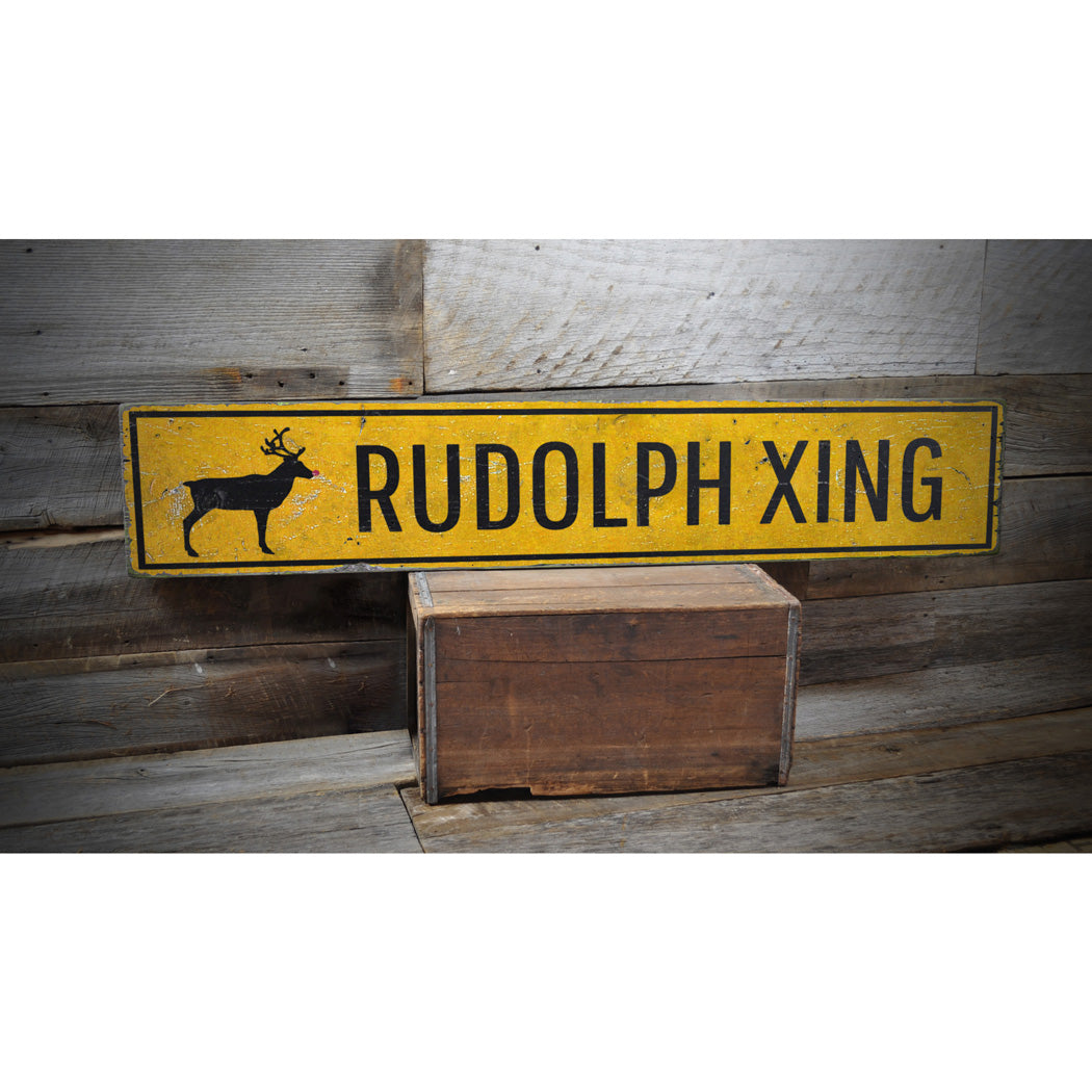 Rudolph Xing Yuletide Rustic Wood Sign