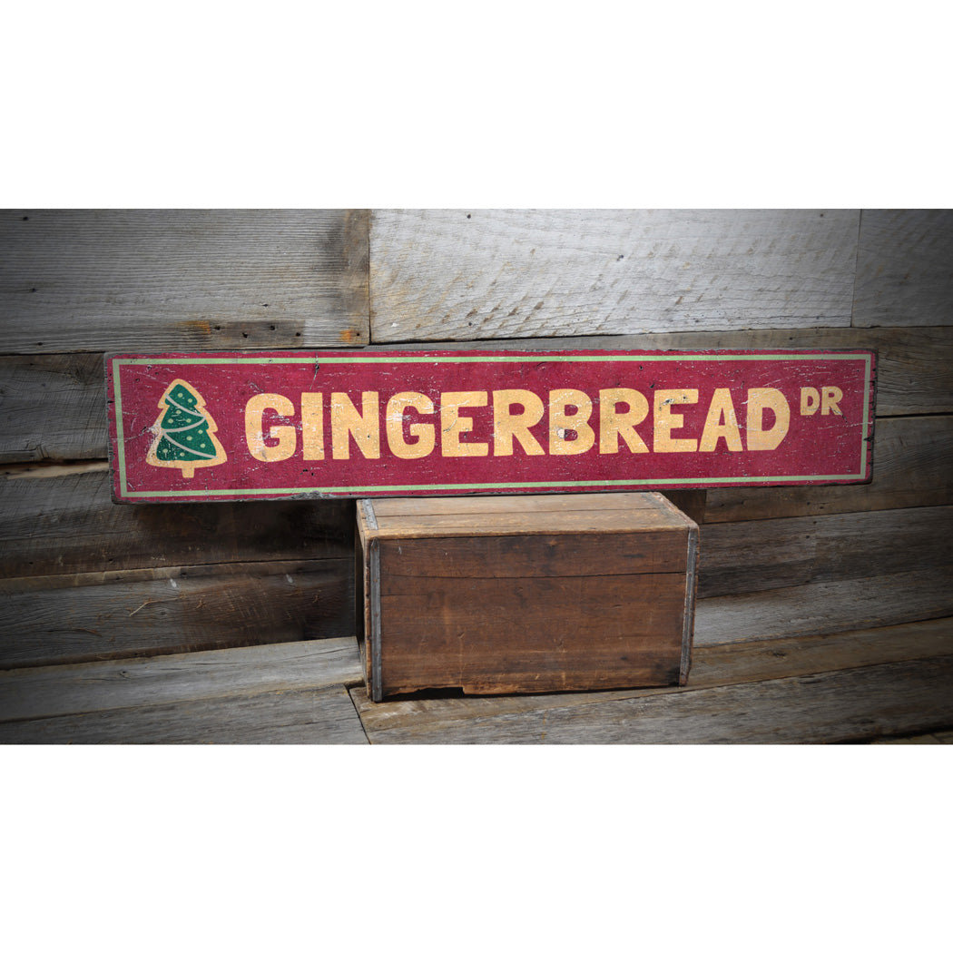 Gingerbread Drive Holiday Rustic Wood Sign