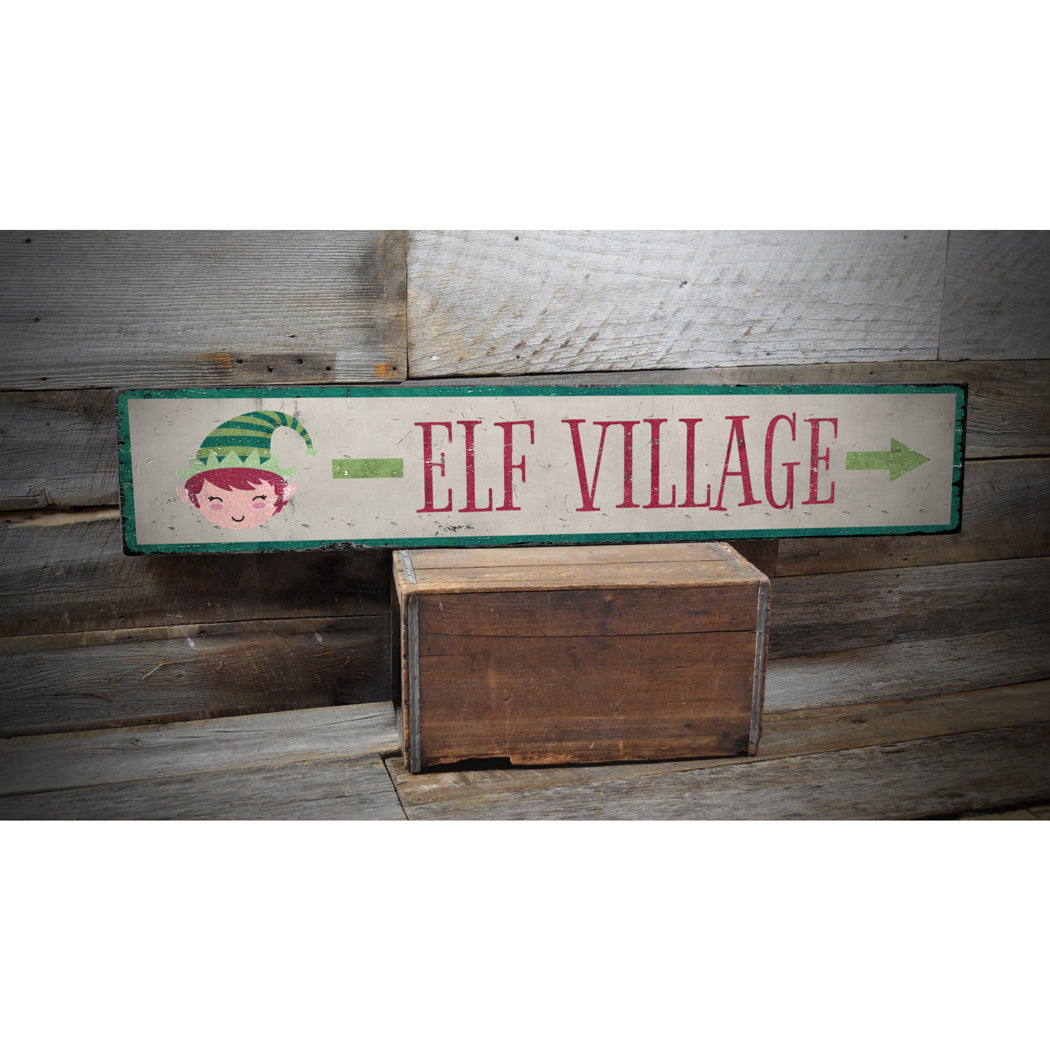 Elf Village This Way Holiday Rustic Wood Sign