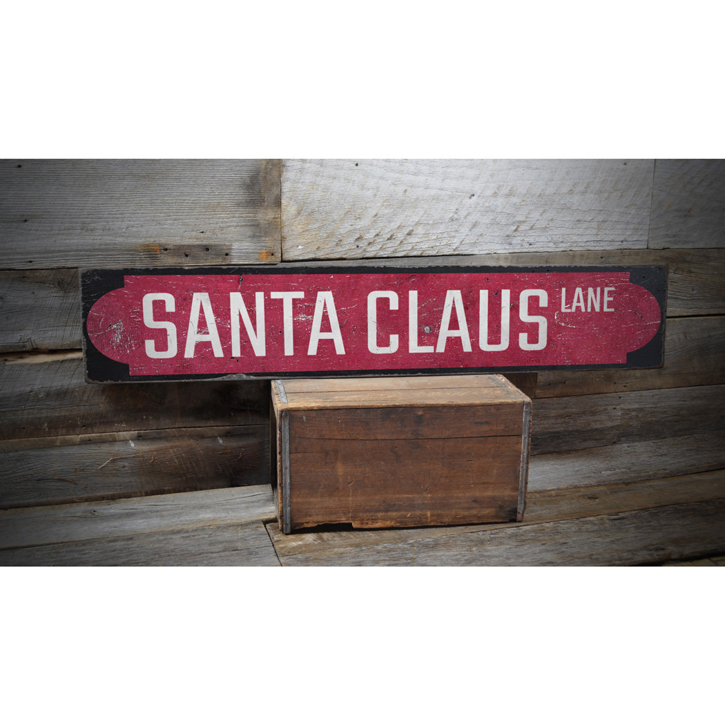 Red Santa Claus Lane Rustic Wood Sign