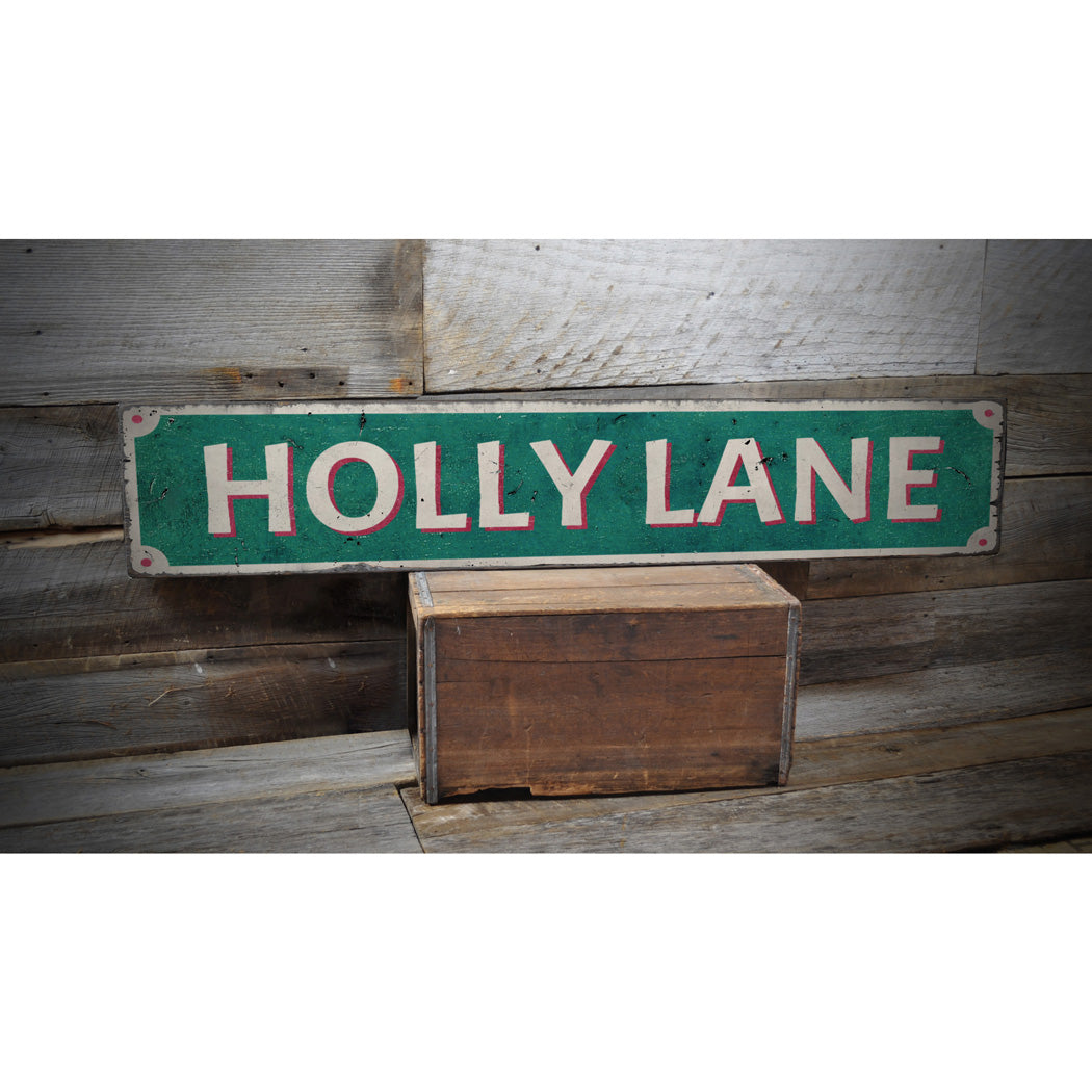 Holly Lane Yuletide Rustic Wood Sign