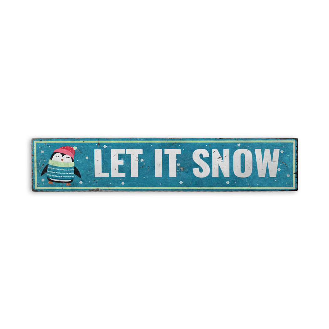 Let It Snow Penguin Holiday Rustic Wood Sign