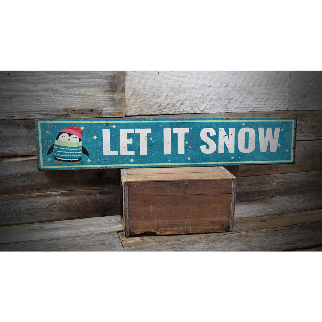 Let It Snow Penguin Holiday Rustic Wood Sign