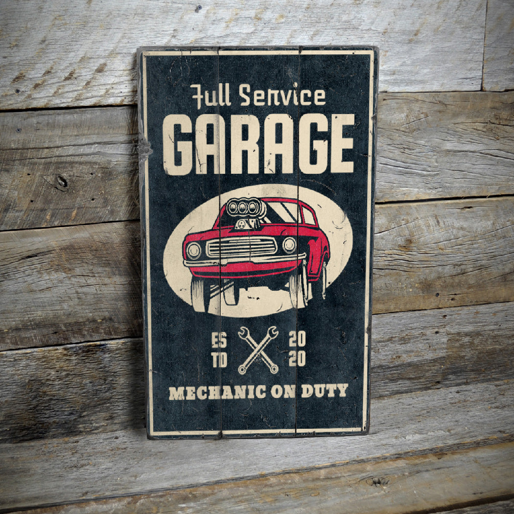 Mechanic on Duty Est Date Garage Rustic Wood Sign