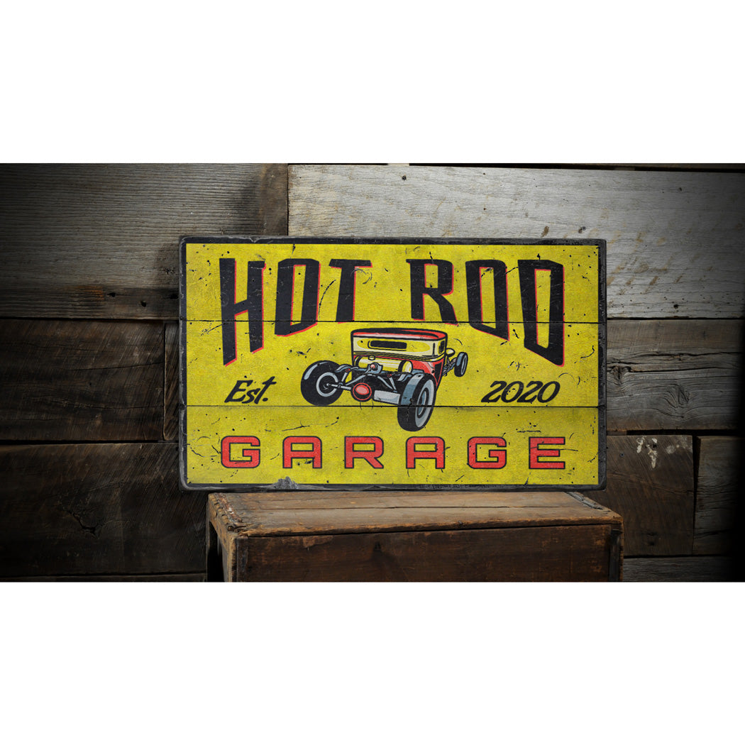 Hot Rod Garage Established Year Rustic Wood Sign