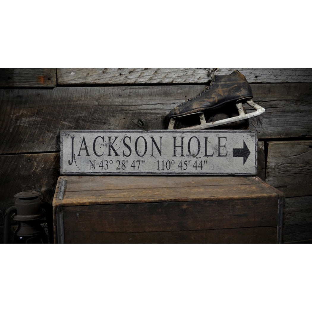 Jackson Hole Lat & Long Rustic Wood Sign