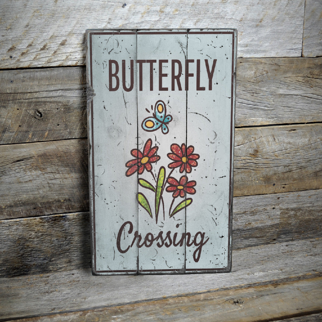 Butterfly Crossing Rustic Wood Sign