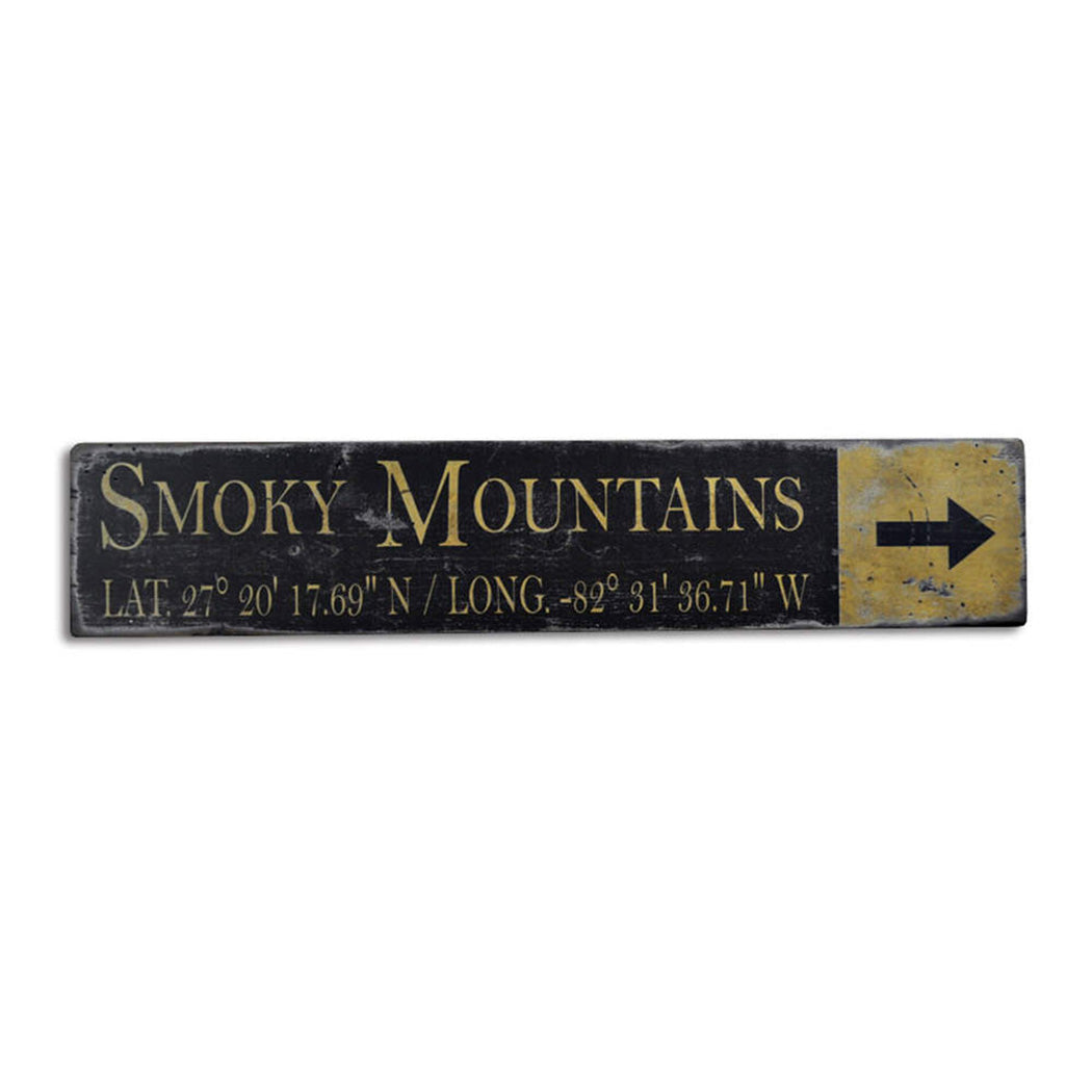 Smoky Mountain Lat & Long Rustic Wood Sign