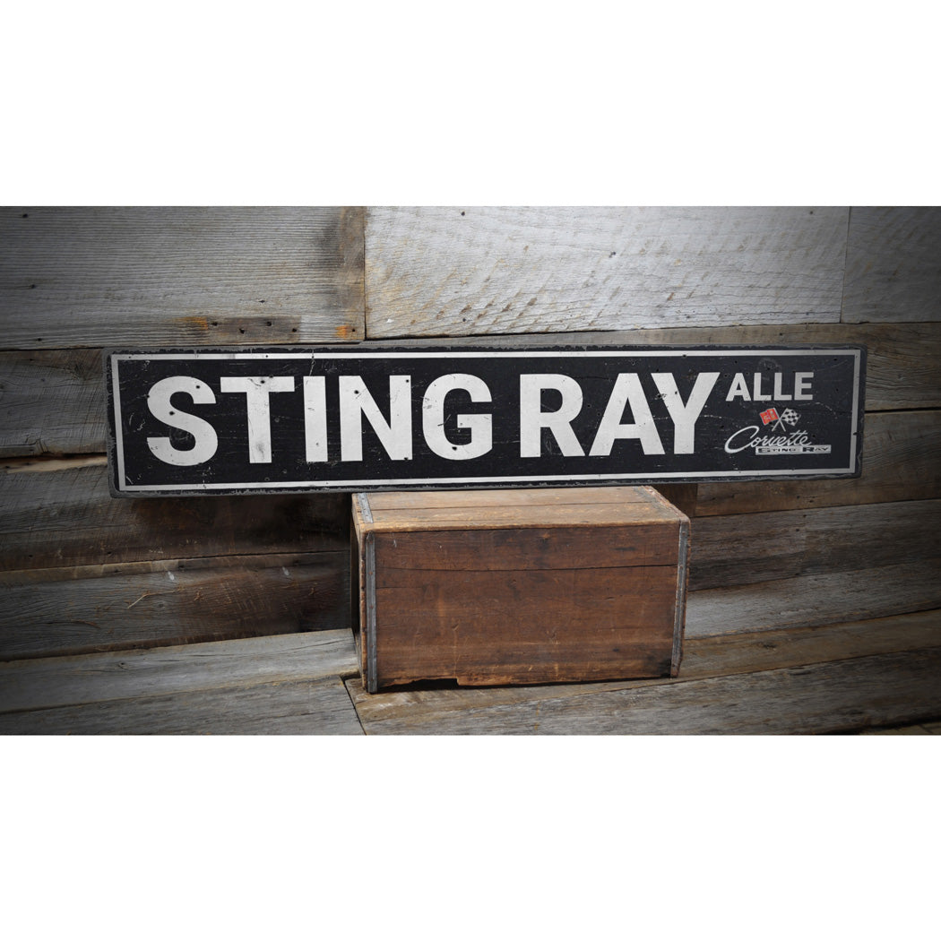 Sting Ray Alley Chevy Corvette Rustic Wood Sign