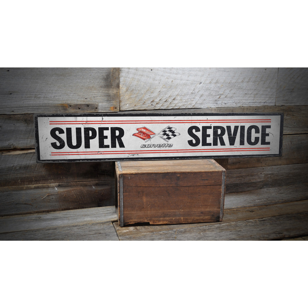 Chevy Corvette Super Service Rustic Wood Sign