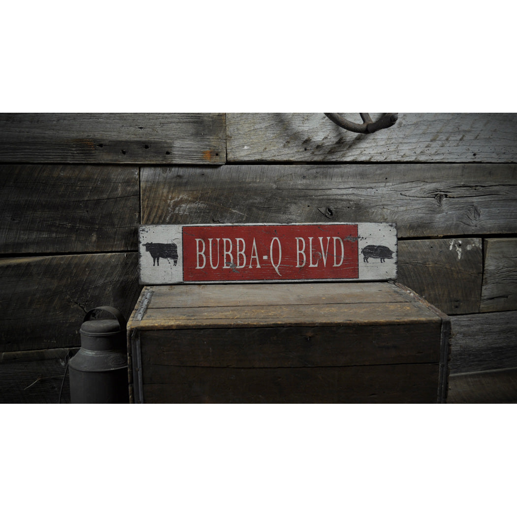 BBQ Blvd Cow & Pig Rustic Wood Sign