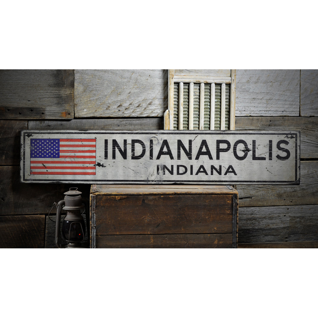 City State USA Flag Rustic Wood Sign