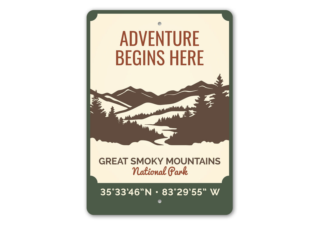 Adventure Begins Here Great Smoky Mountains Metal Park Sign