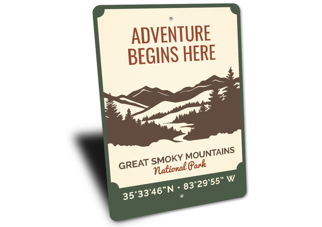 Adventure Begins Here Great Smoky Mountains Metal Park Sign