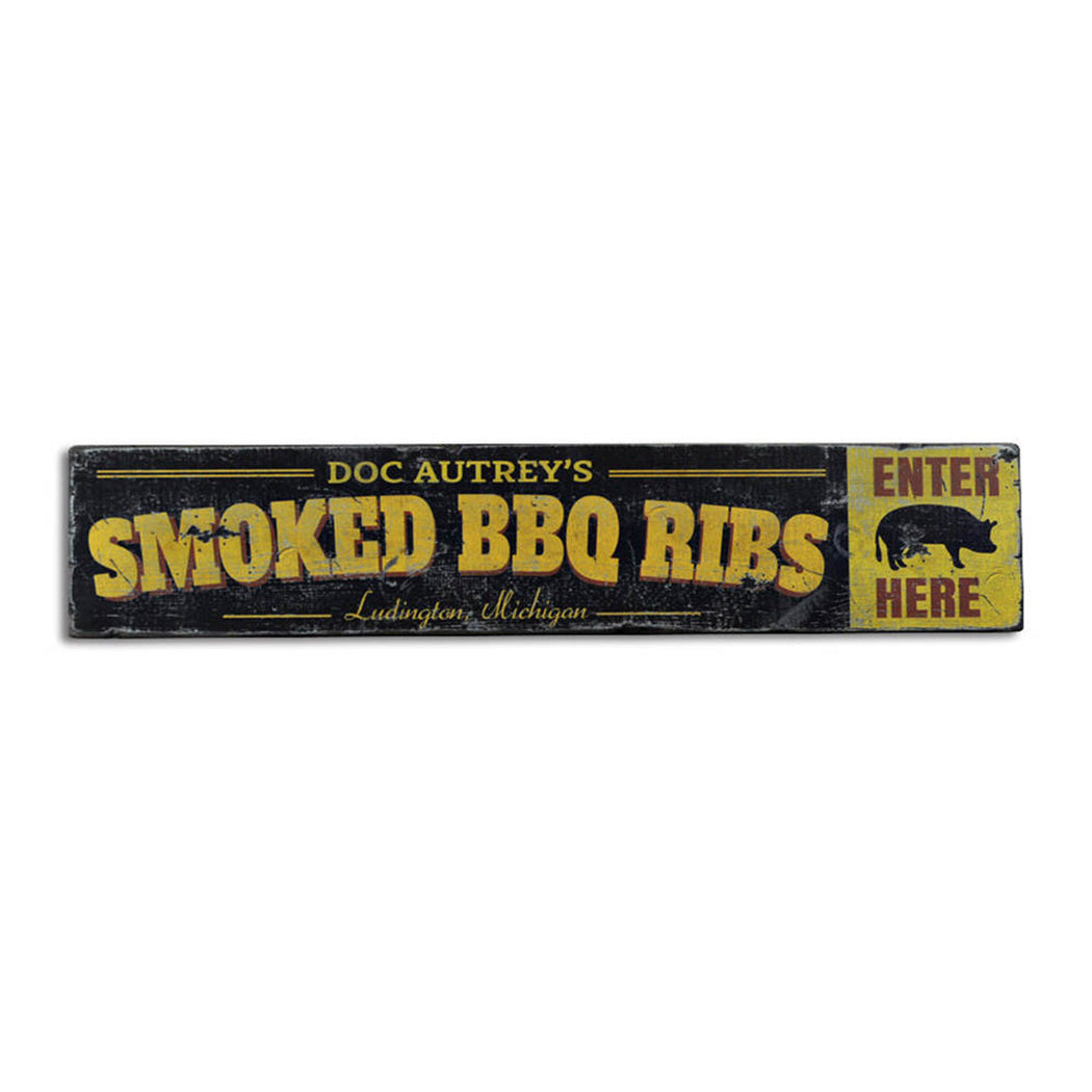 Smoked BBQ Ribs City State Rustic Wood Sign