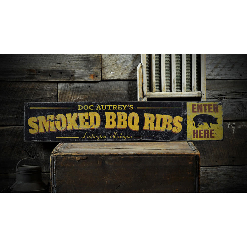 Smoked BBQ Ribs City State Rustic Wood Sign