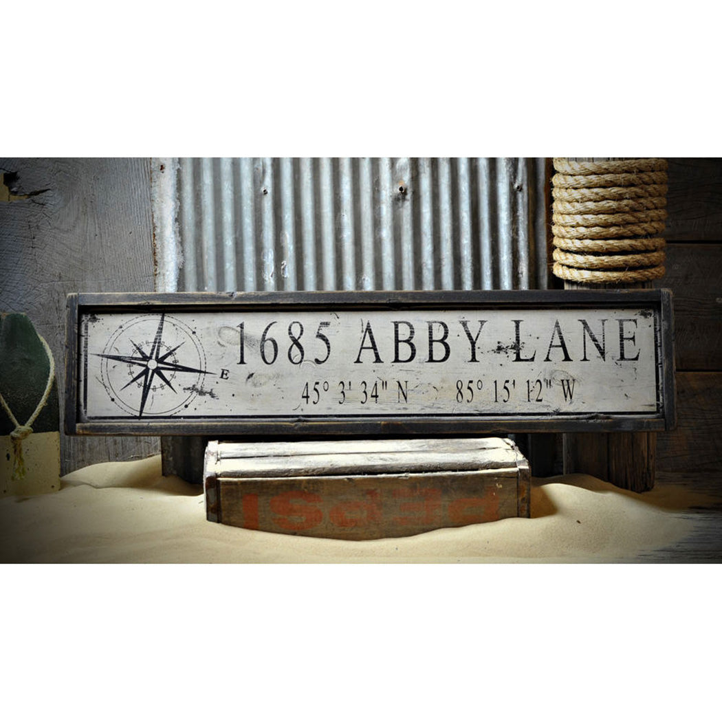 Address Lat & Long Rustic Wood Sign