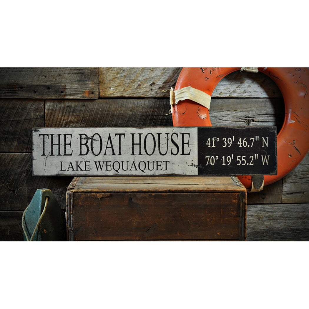 Lake Boat House Lat Long Rustic Wood Sign