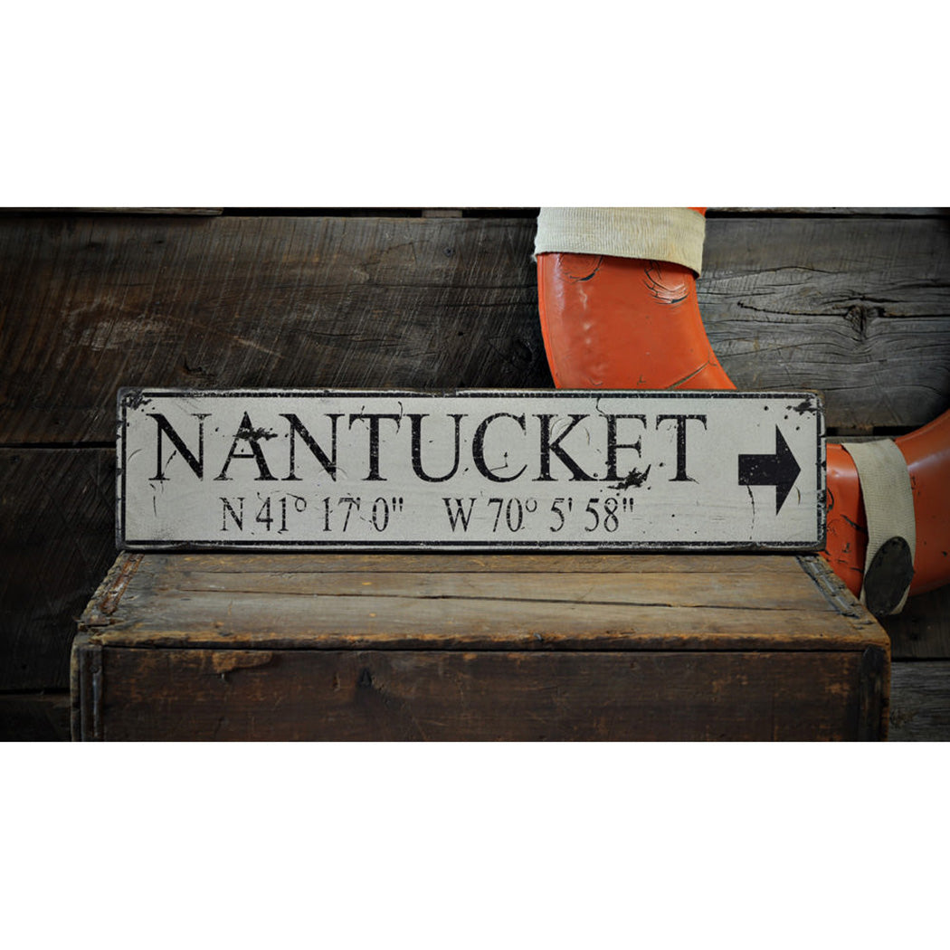 Nantucket Lat and Long Rustic Wood Sign