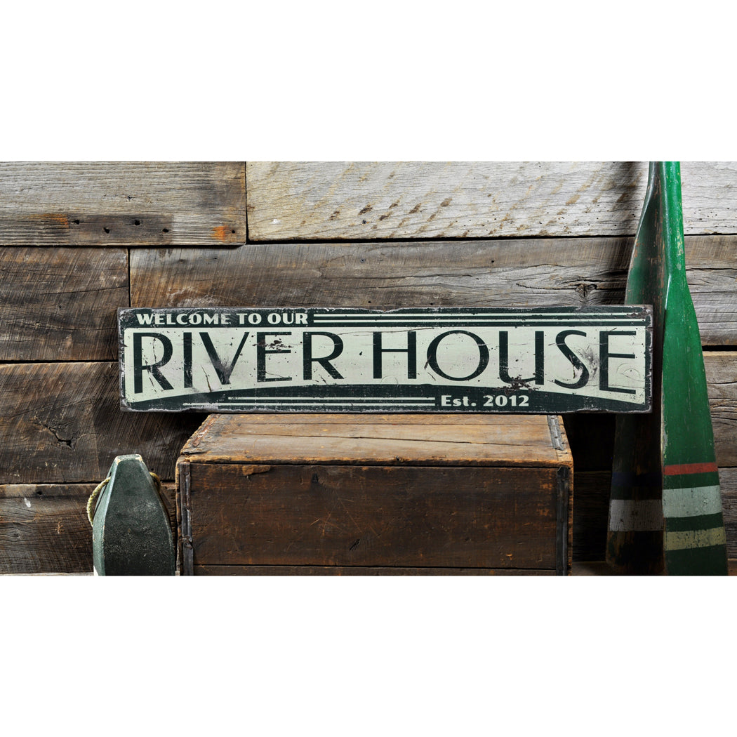 River House Est Date Rustic Wood Sign