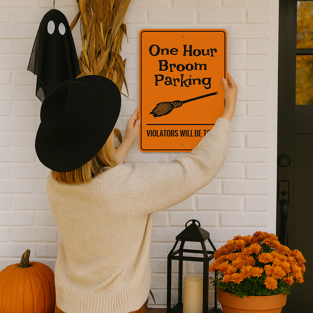 Person holding a Halloween-themed 'One Hour Broom Parking' sign against a white brick wall with decorations.